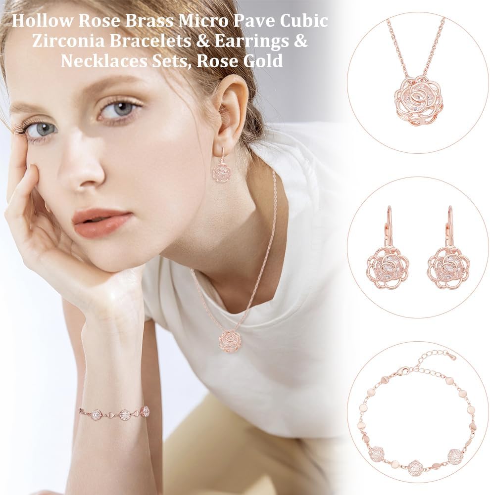UNICRAFTALE Crystal Rose Flower Jewellery Sets Cubic Brass Zirconia Flower Necklace Bracelet Earrings Hollow Jewellery For Valentine's Day Mother's Day Gifts Wedding Party Event - Image 4
