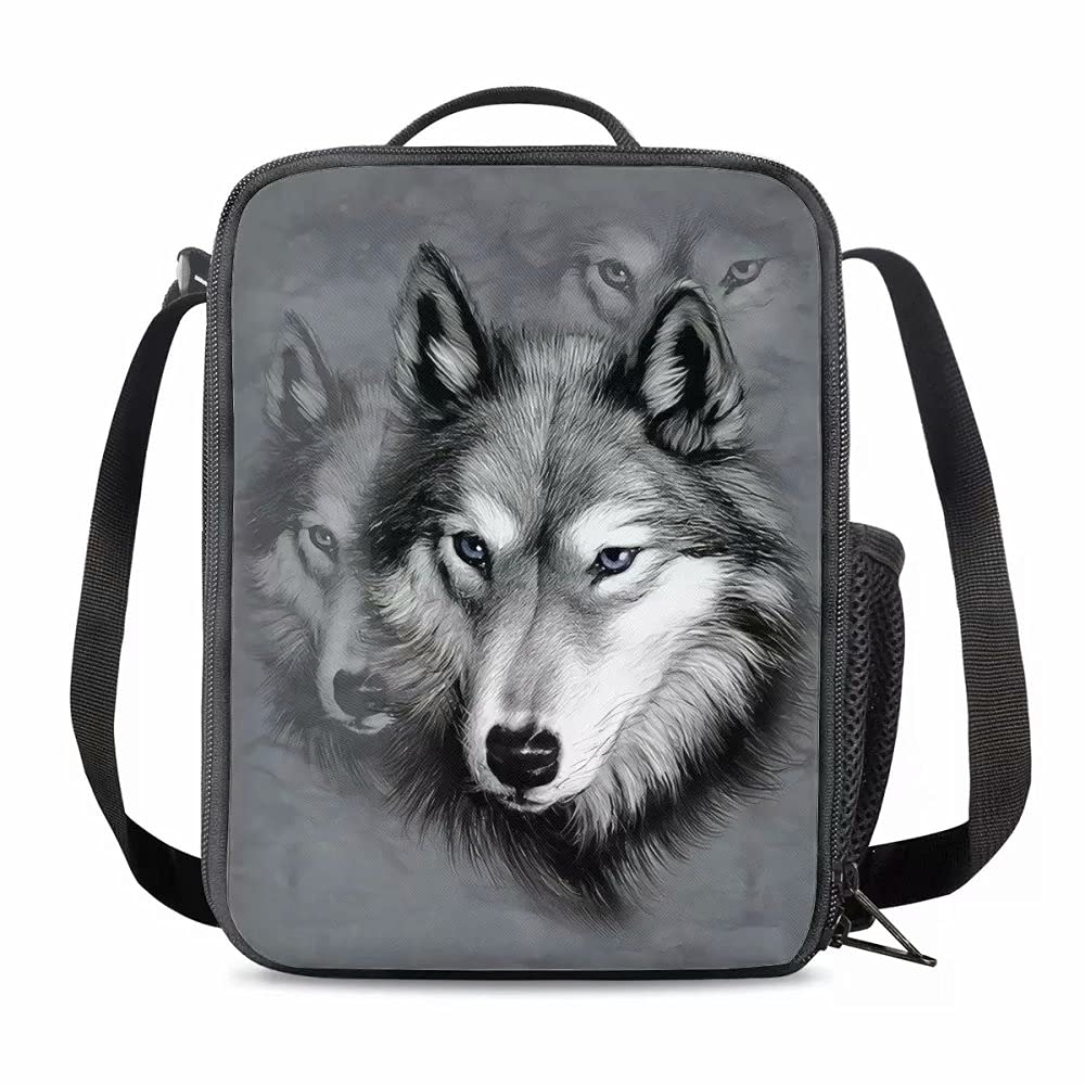 chaqlin Grey Wolf Lunch Bag for Kids,Reusable School Thermal Meal Tote Kit for Girls and Boys, Outdoor Travel Mini Crossbody Food Container