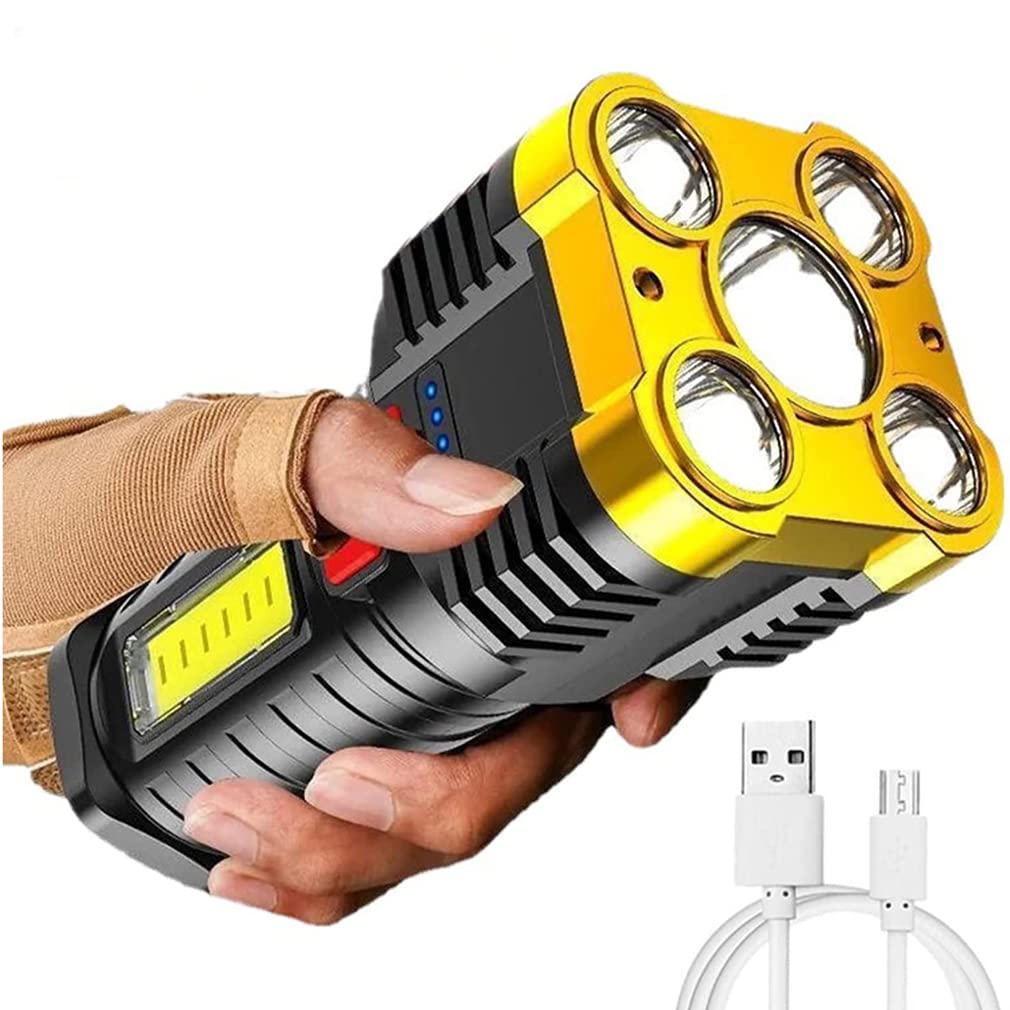 Mook Gold Five-Nuclear Explosion Led Flashlight Strong Light Rechargeable Super Bright New, Five-Core Flashlight, Multifunctional Portable Handheld Searchlight Spotlight, For Outdoor Lighting (Gold)
