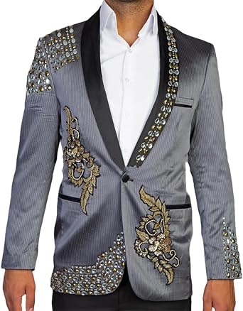 Men Rhinestone 2 Pieces Suits Shawl Lapel Single Breasted Blazer Pants Set Wedding Party Outfits