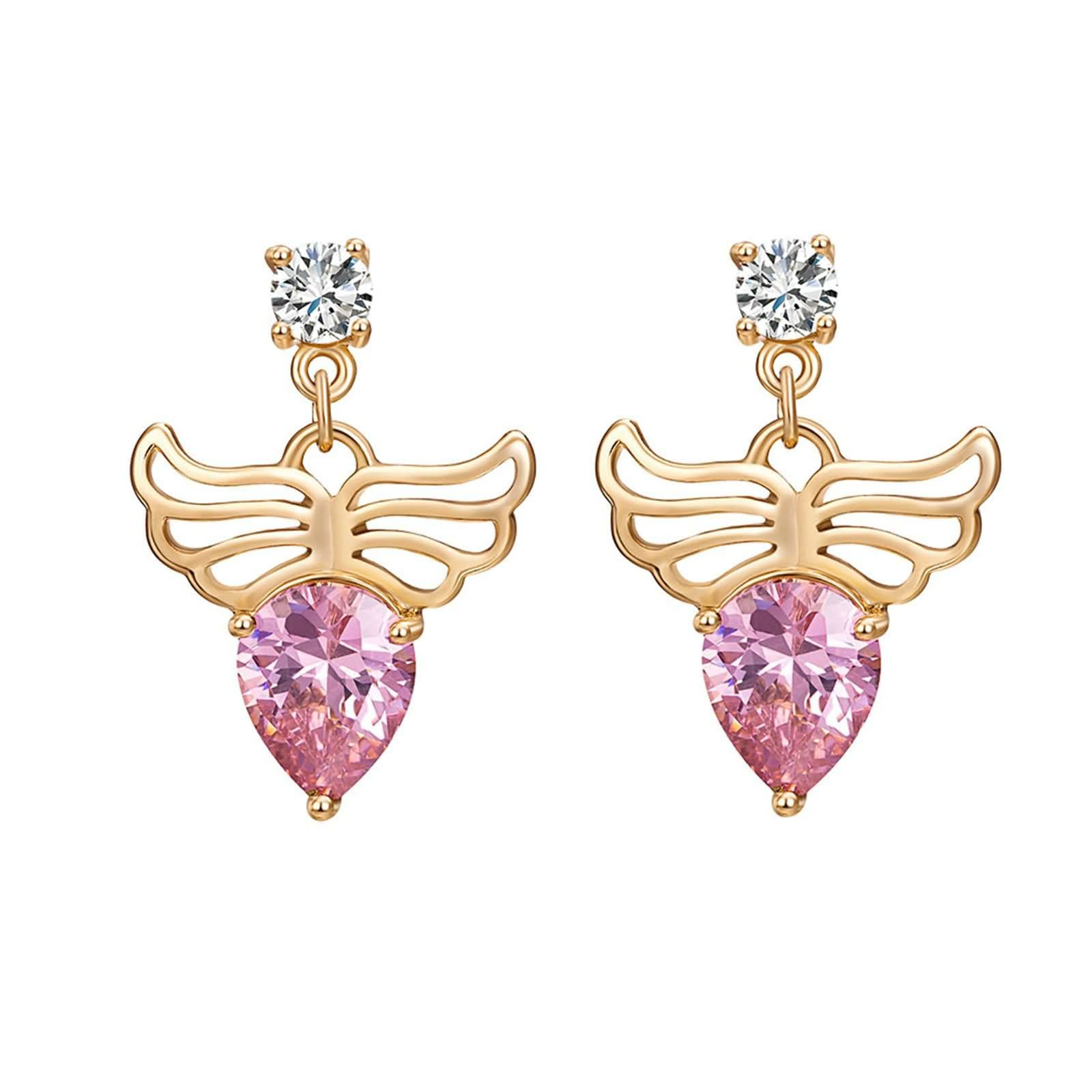 Pendientes de Oro Amarillo de 9 K / 14 K / 18 Kt para Mujer, Ala y Gota de Agua con Moissanita, Pendientes de Mujer Oro