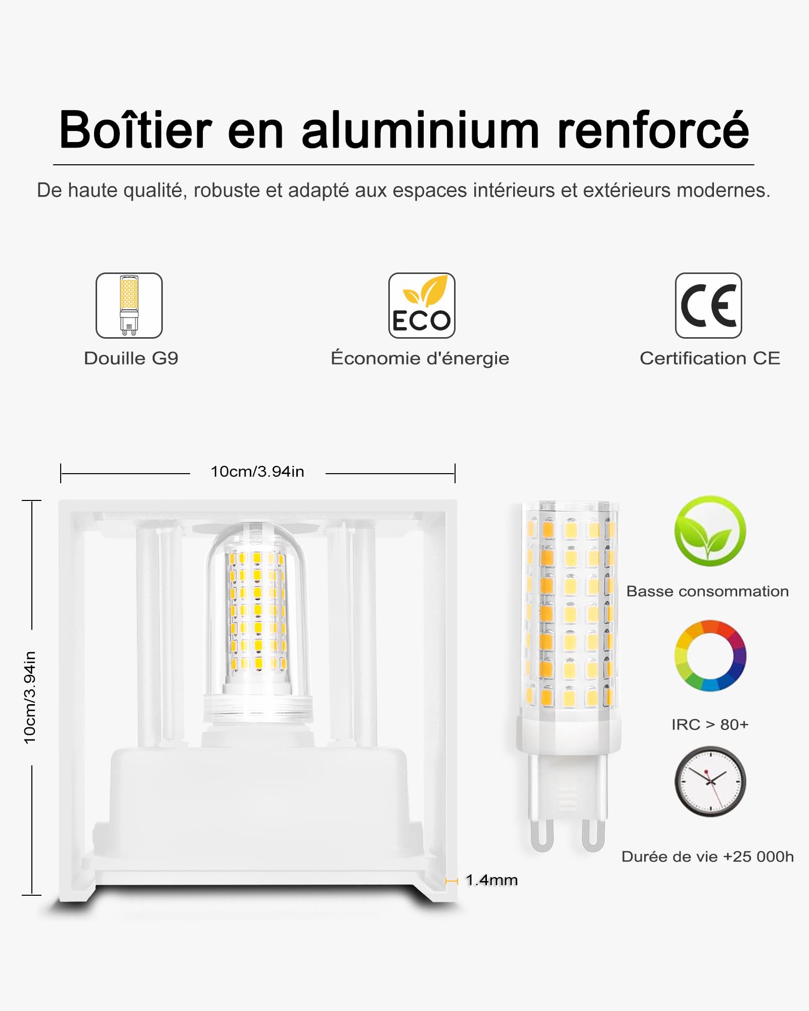 Applique Murale LED Intérieur et Extérieur, Lot de 2, Blanc Chaud 3000K, Ampoule G9 Remplaçable, Étanche IP65, 9W 700 Lumens, Angle de Faisceau Réglable 0-120°, Aluminium, Blanc Sable
