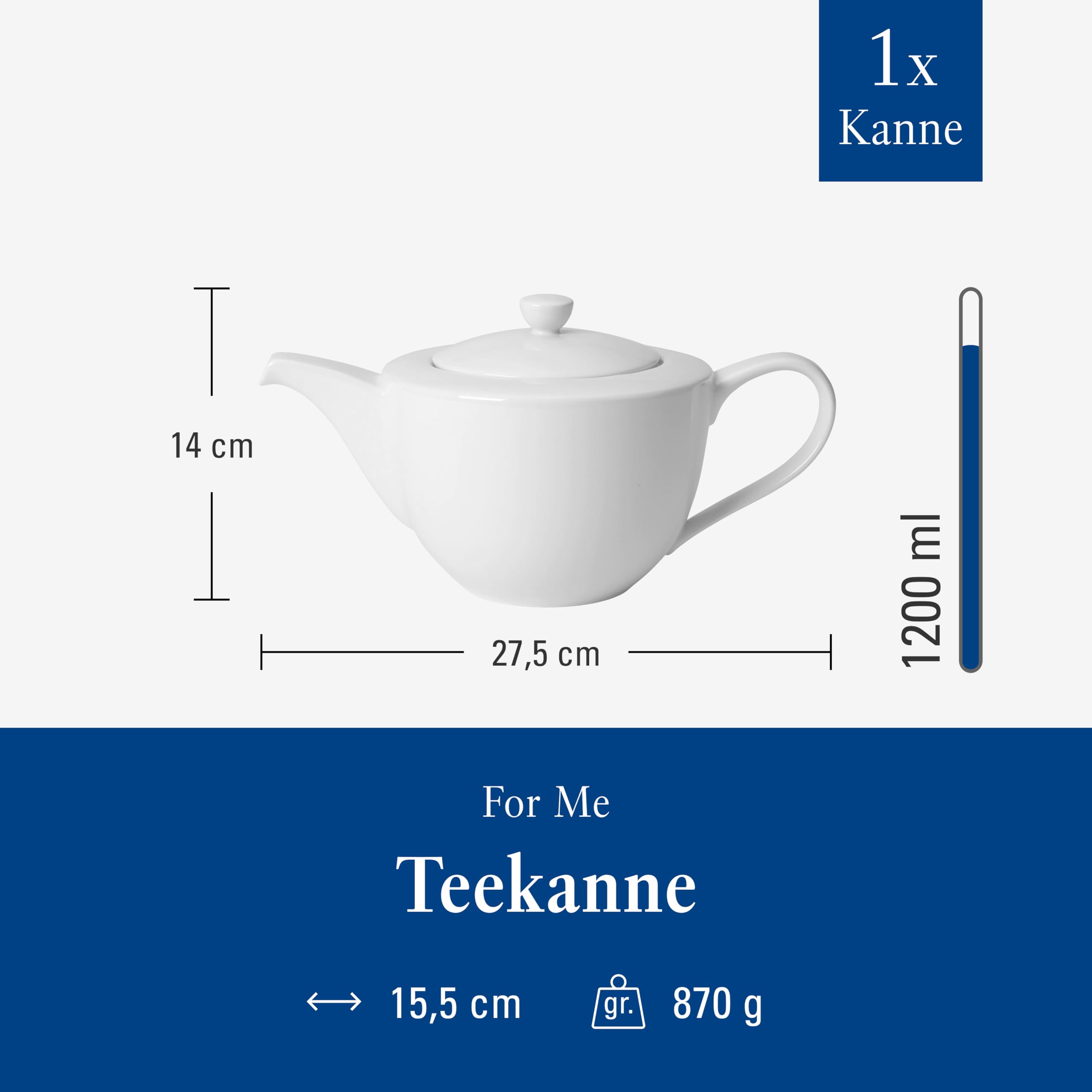Villeroy & Boch - For Me Teekanne 1,2 Liter Weiß, Spülmaschinenfest, Mikrowellensicher, Kaffeekanne, Kanne mit Deckel, Porzellankanne, Premium Porzellan