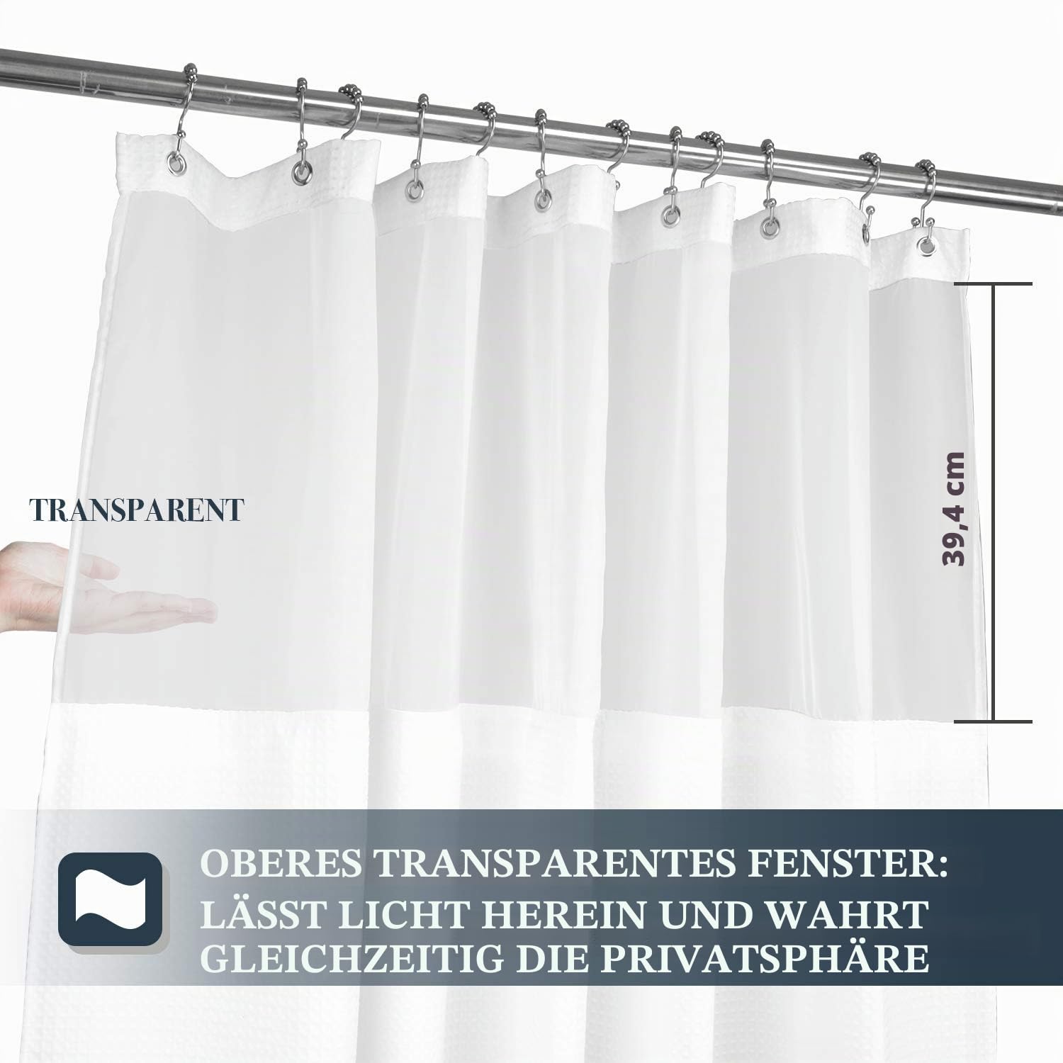 N&Y HOME Set aus Waffelgewebe-Duschvorhang mit einknöpfbarem Innenfutter und 12 weißen Haken, Hotel-Stil, wasserfest, waschbar, Schwerer Stoff, Netzfenster Oben, 180,3 x 182,8 cm, Weiß