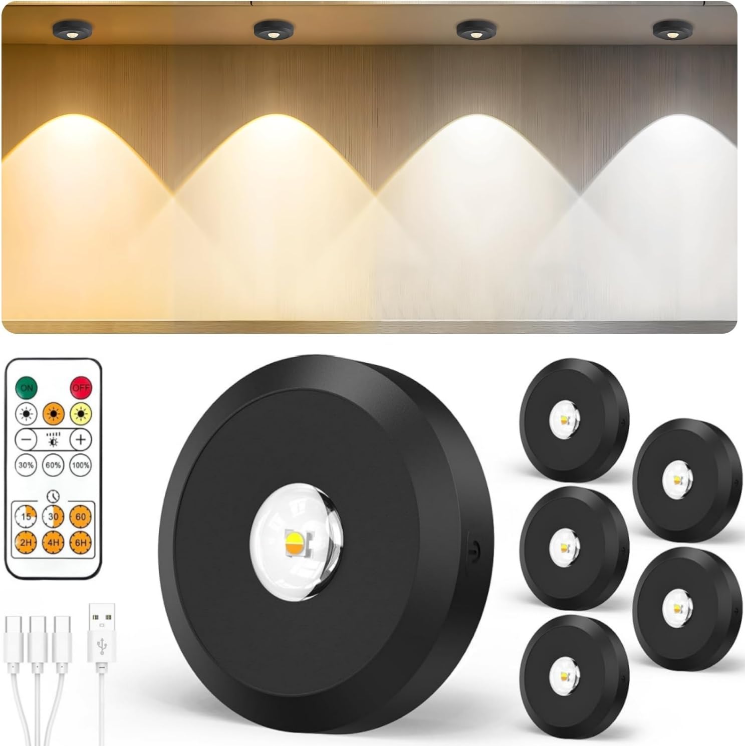 JVURICE® Vitrinenbeleuchtung Led,30 Farbwechsel Schrankbeleuchtung Led Spot Akku USB Aufladbar Mini 180H Energiesparend Magnet Unterbauleuchte Küche Schrankbeleuchtung Mit Timer Fernbedienung