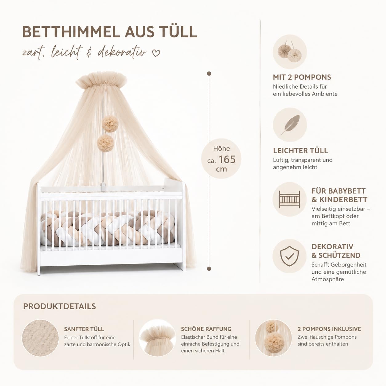 Babybetthimmel aus Tüll, Betthimmel für Babybett, Prinzessin Babywiege, Beistellbett Baby, Moskitonetz, Babyzimmer Deko, Baldachin Kinderzimmer 165cm lang, mit Pompons, Taupe (Nude)