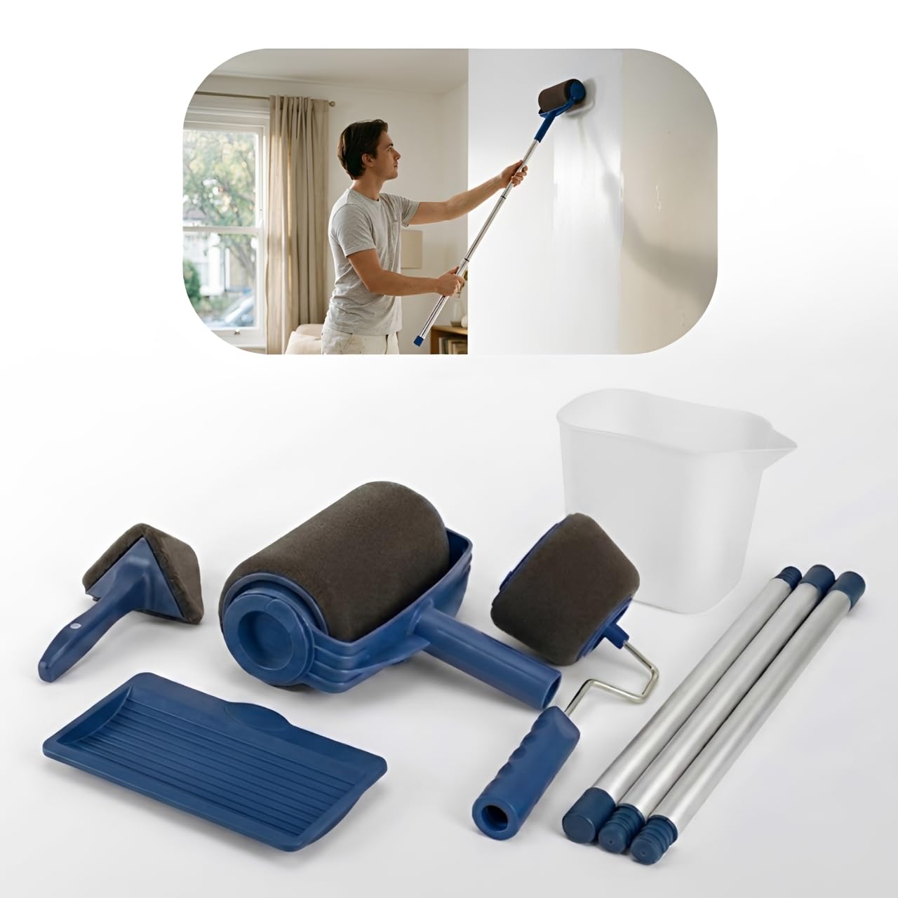 8PCS Paint Roller Kit Tray Set with Paint Brushes, Roller Sets for Painting Walls & Ceilings with Emulsion Home Decorating Professional Wall Painting Kit