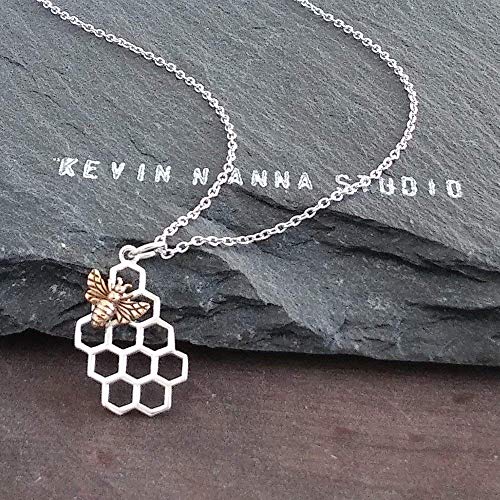 Honeycomb Charm with Bronze Bee Necklace Sterling Silver, 18"