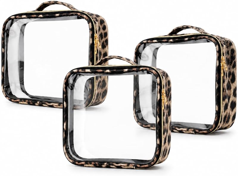 Cozomga Kit com 3 Necessaires Transparentes com Zíper e Alça, Estampa de Leopardo