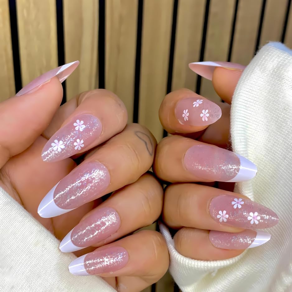 Image of 24 Pcs Reusable Artificial Nails Fake Nails with Glue and Kit|Daisies & Frost French tip with gloss Press On Nails | ABS Material UV Protected Long Lasting Finish | Reusable Customizable Nail Kit |Long Almond Nails
