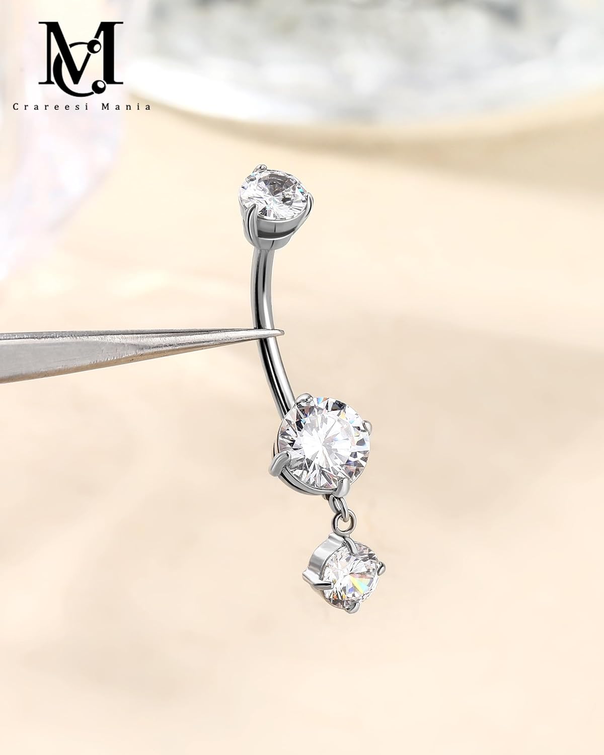CM Crareesi Mania Dangle Belly Button Ring 316L Surgical Steel Belly Button Piercing Jewelry 14G Belly Rings for Women Men Round CZ Navel Piercing Jewelry - Image 9