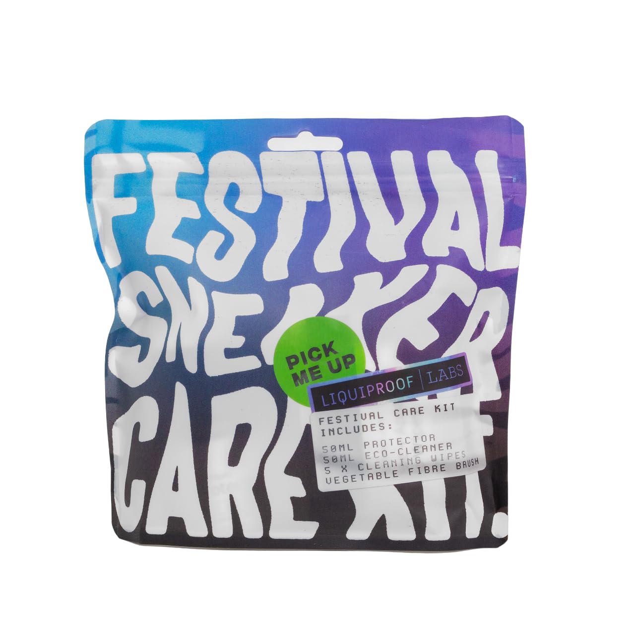 Liquiproof LABS Festival Care Kit fro clothes, shoes and trainers. 50ml protector 50ml eco-cleaner, vegetable fibre brush and 5 x cleaning wipes.