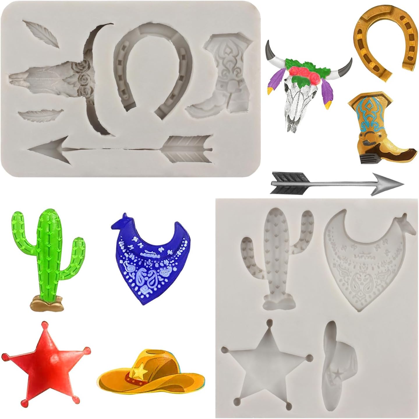 Bull Head Silicone Moulds Feather Arrow Boot Horseshoe Hoof Fondant Mould Cactus Chocolate Mould for Cake Decorating Cupcake Topper Candy Gum Paste Polymer Clay Set of 2