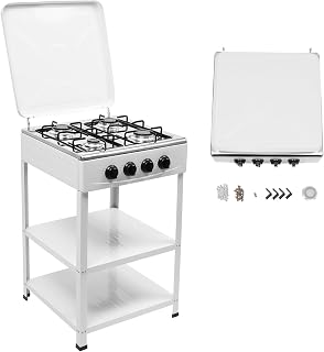 Hornillo de gas para camping, 4 fuegos, cocina de gas independiente, estufa de gas portátil, con 2 compartimentos (blanco)