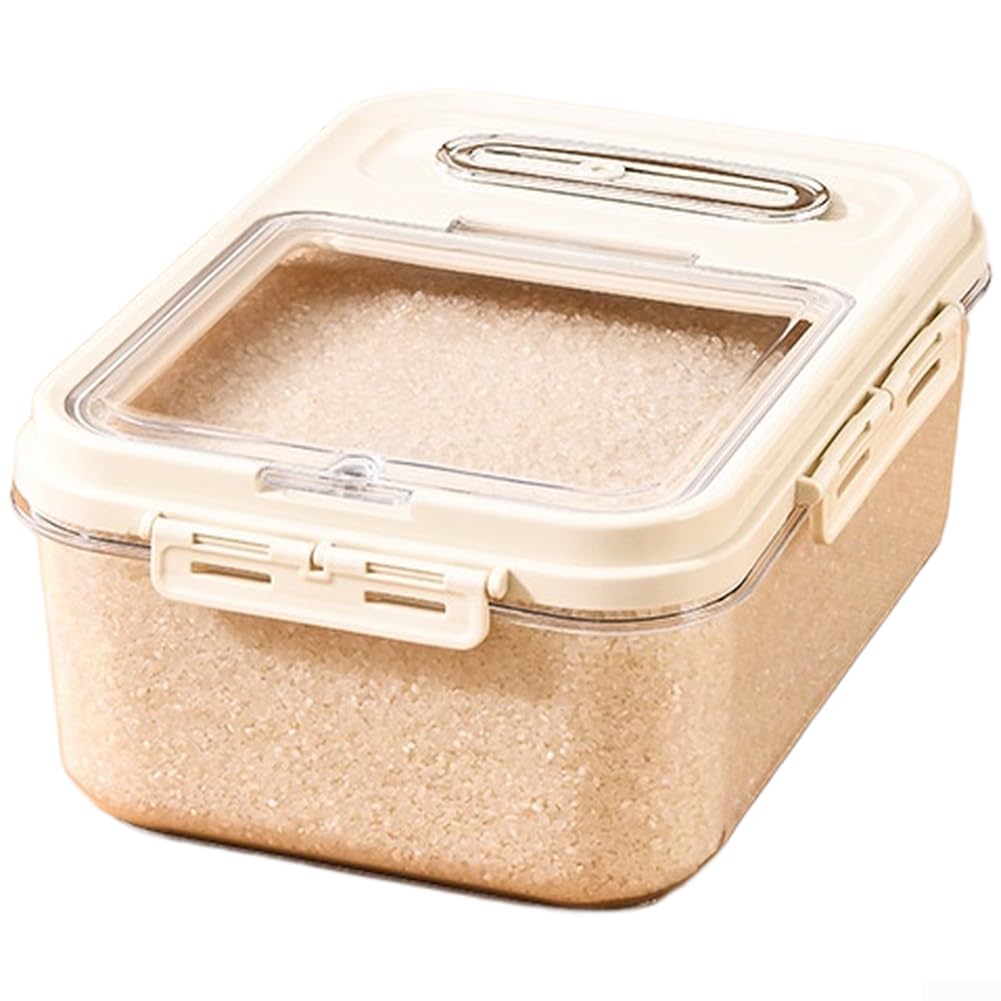 Dispensador de arroz PET beige con taza integrada, tarro de almacenamiento de cereales a prueba de humedad con diseño resistente a plagas, 36 x 25,5 x 20,6 cm (8500-2 tamaño pequeño 10)