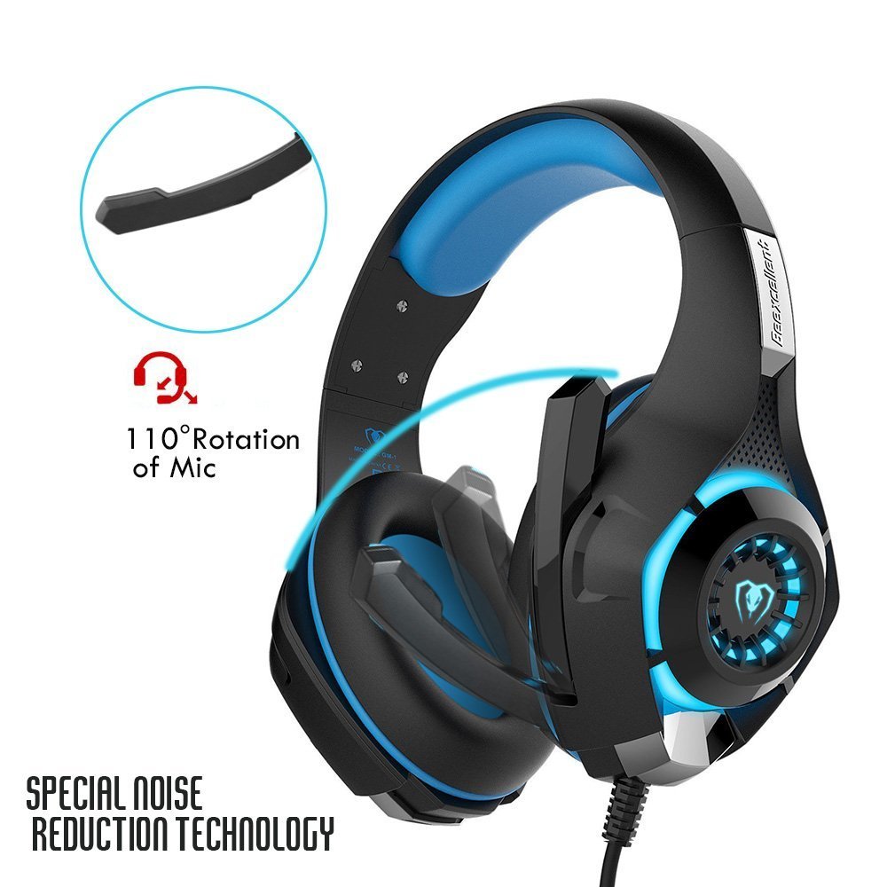 Gaming Headset, Pobon Surround Stereo Mac PC Computer Gaming Headset USB 3.5mm Over-Ear Headband Headphones with Microphone Noise Isolating Volume Control LED Light for PS4 Xbox one Laptop (Blue)