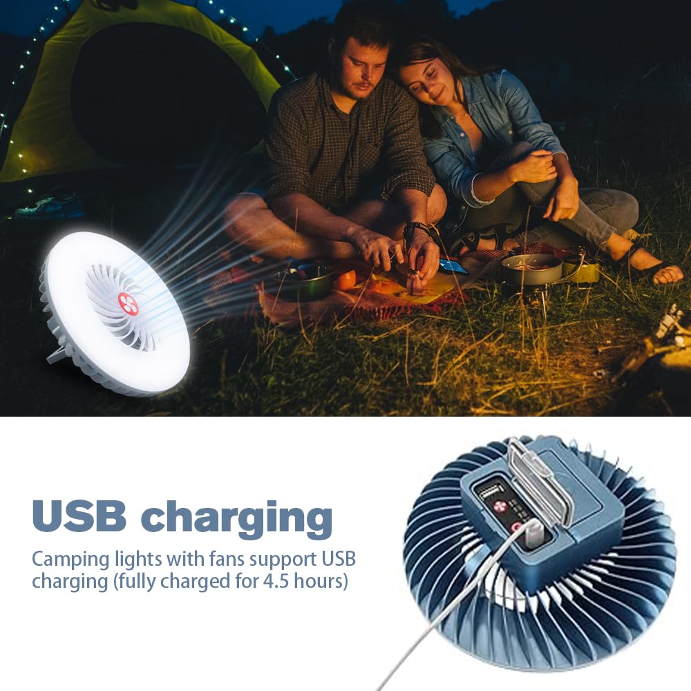 Lampada da Campeggio con Ventilatore, Lampada LED Ventilatore Portatile a Soffitto USB Ricaricabile, Forte Adsorbimento Magnetico e Gancio di Sospensione, 3 livelli Velocità del Vento (blu)