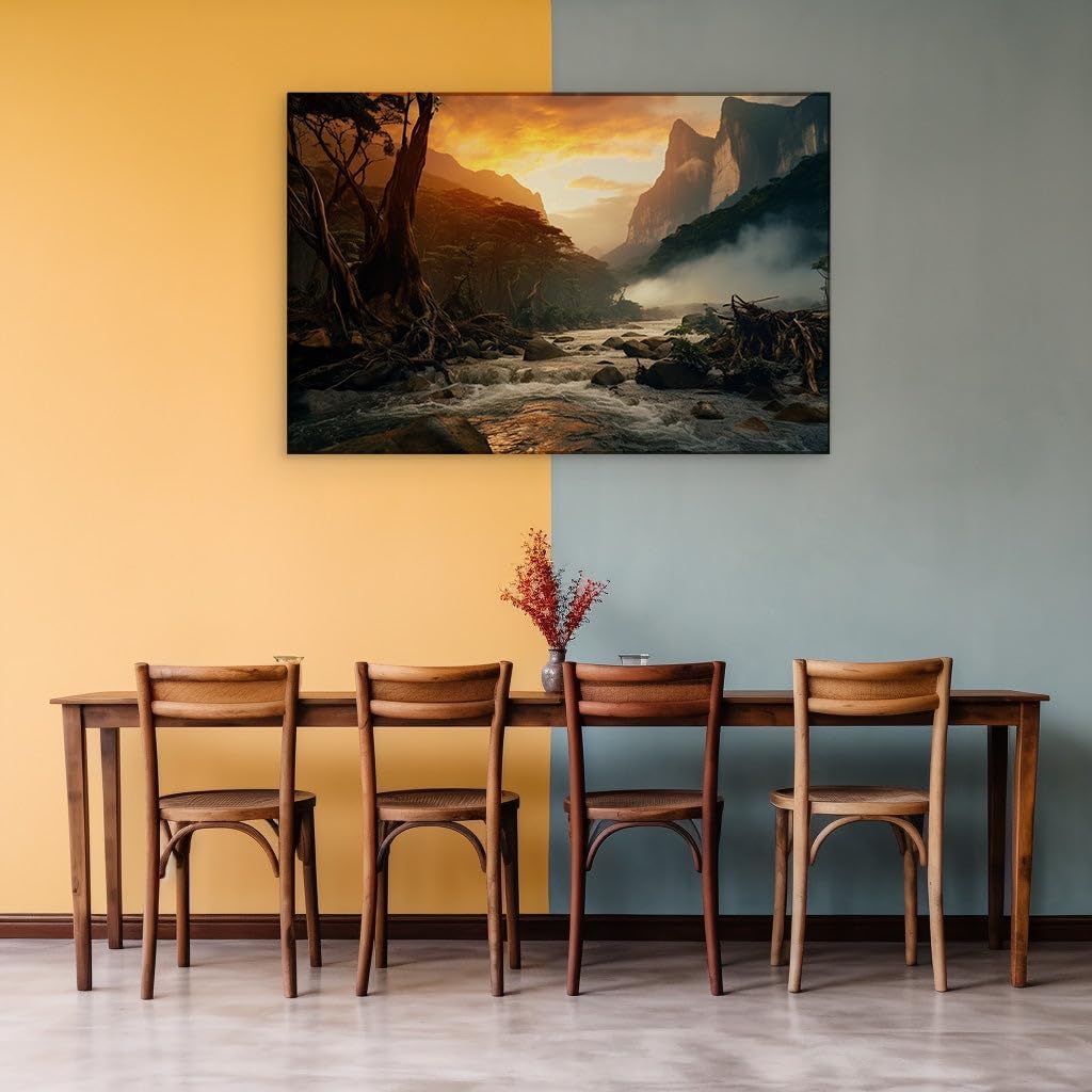 Canvas for Living room. Twilight Majesty: Where River Meets the Enchanted Forest, 27 x 18 inch Canvas Wall Art - Modern Home Decor