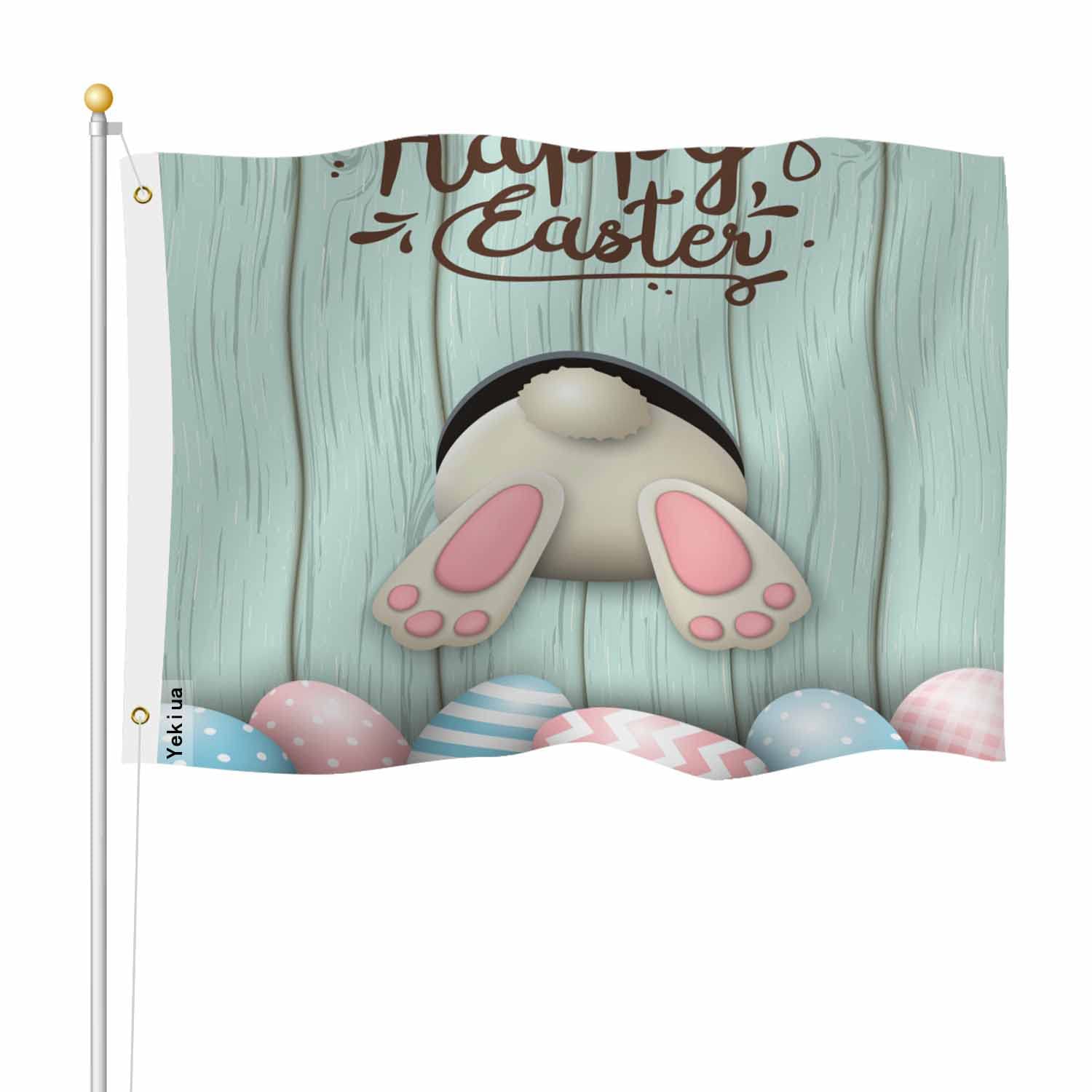Yekiua Happy Easter Flag 3X5 Bunny Tail Rabbit Easter Pink Blue Eggs Uv Fade Resistant Vivid Color - Canvas Header Double Stitched Flag With Brass Grommets