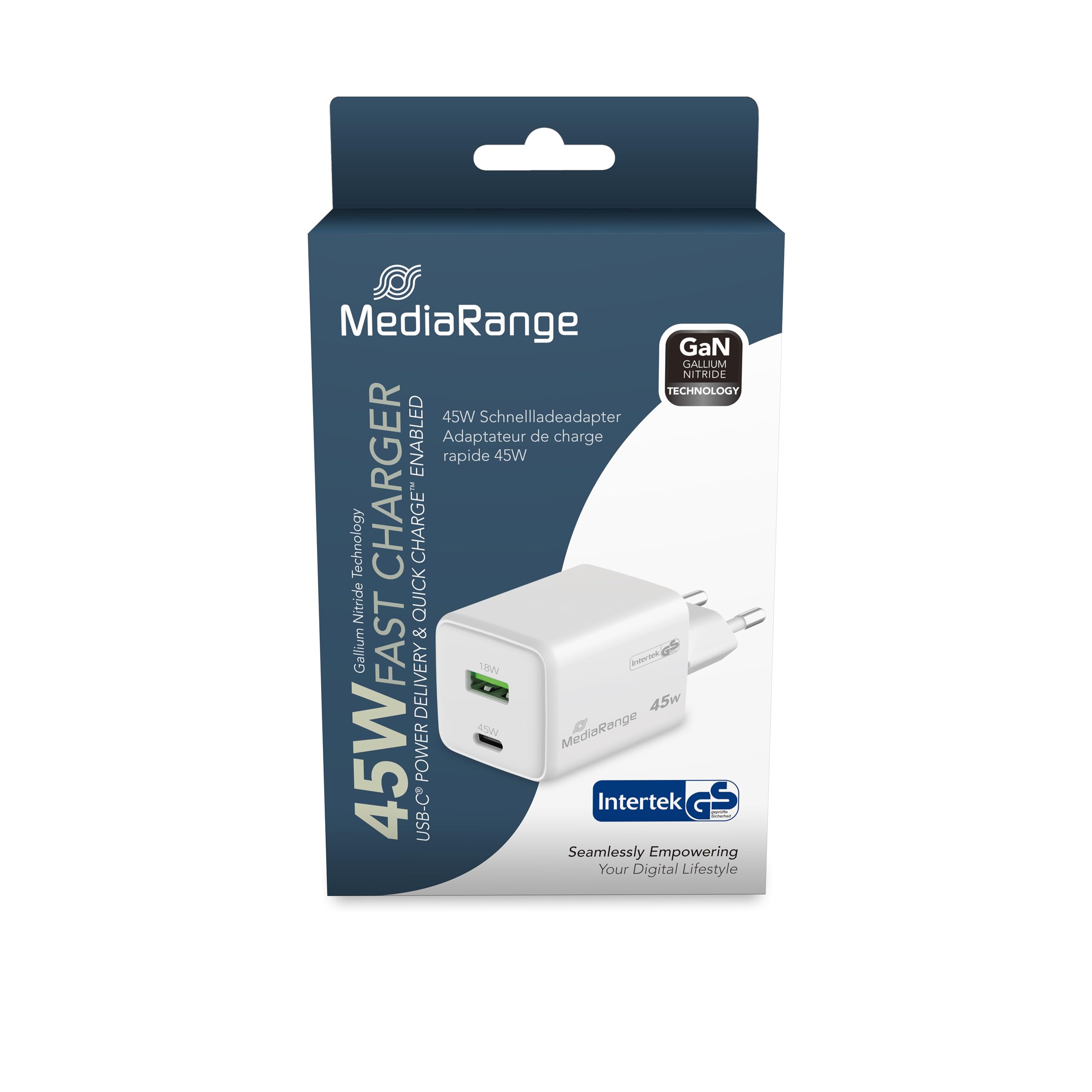 MediaRange GaN Adapter do Szybkiego Ładowania 45W (Wtyczka UE) z USB-C i USB-A, Power Delivery i Quick Charge™, Biały
