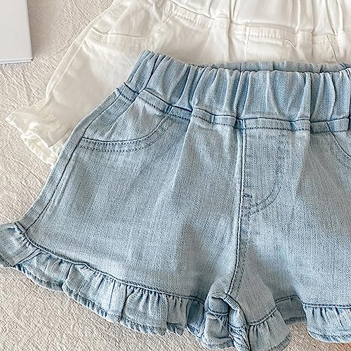 Girls Ruffle Hem Flared Denim Shorts Toddler Vintage Bootcut Jean Shorts Elastic Waist Distressed Jeans with Pockets4