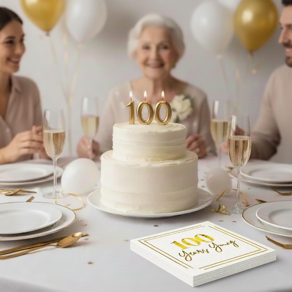 100th Birthday Cocktail Napkins, Gold 100 Years Old Bday Party Decorations, "100 Years Young" Disposable Paper Napkin Decor for Women Men, Milestone Celebration, Fabulous Gift Ideas, 50 Pack