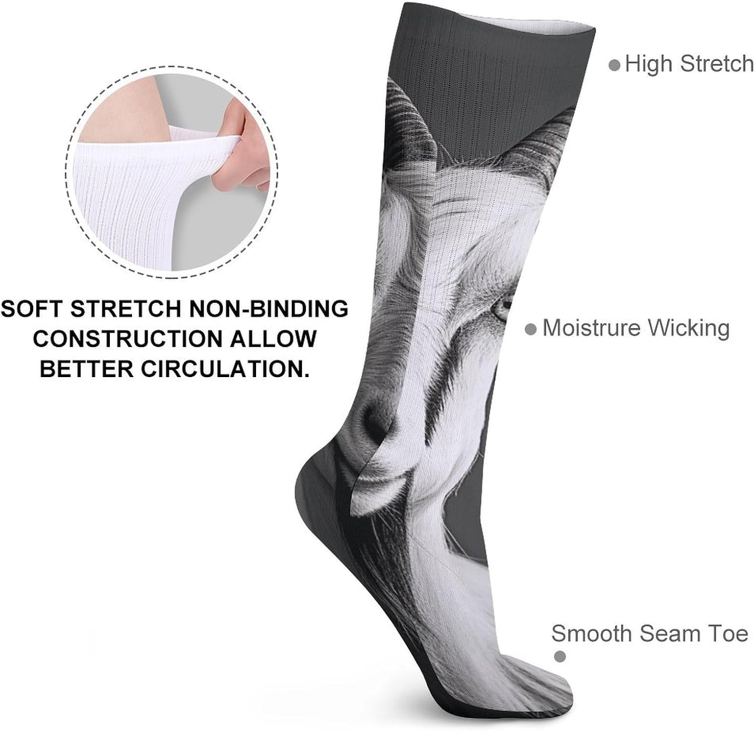 Breathable Crew Sock, Moisture Wicking, Athletic Calf Socks, Cozy | Black And White Goat Compression Socks for Women Men, Lightweight High Work Socks for Business, Casual