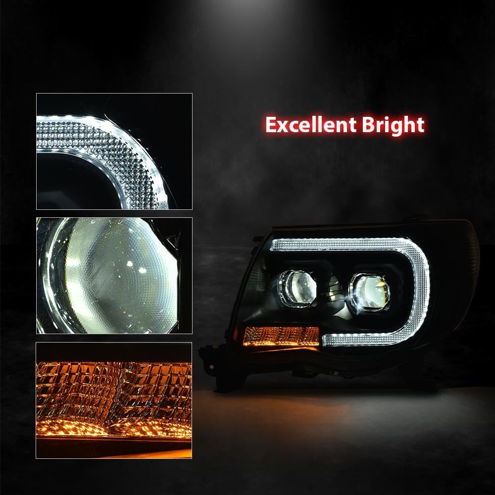 PIT66 LED Tube Projector Headlights Assembly Headlamps w/o Bulb Compatible with Toyota Tacoma 2005 2006 2007 2008 2009 2010 2011 Smoke Lens Black Housing Clear Reflector