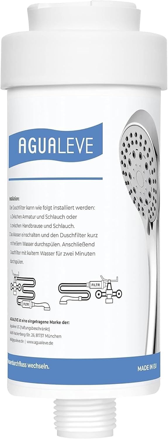 AGUALEVE® Duschfilter - Wasserfilter Dusche | in weiß | gegen Kalk, Schwermetalle, Chlor, Schmutz, wirkt bakteriostatisch | schönere Haut & Haare | Markenqualität Made in EU