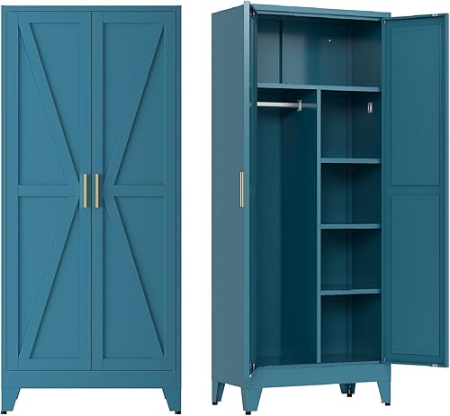 Miniatura 11 de Armario de metal Guardarropa Closet con Barra para Colgar, 71'' Gabinete Guardarropa de Metal con 2 Puertas y 2 Estantes Ajustables, Armarios de