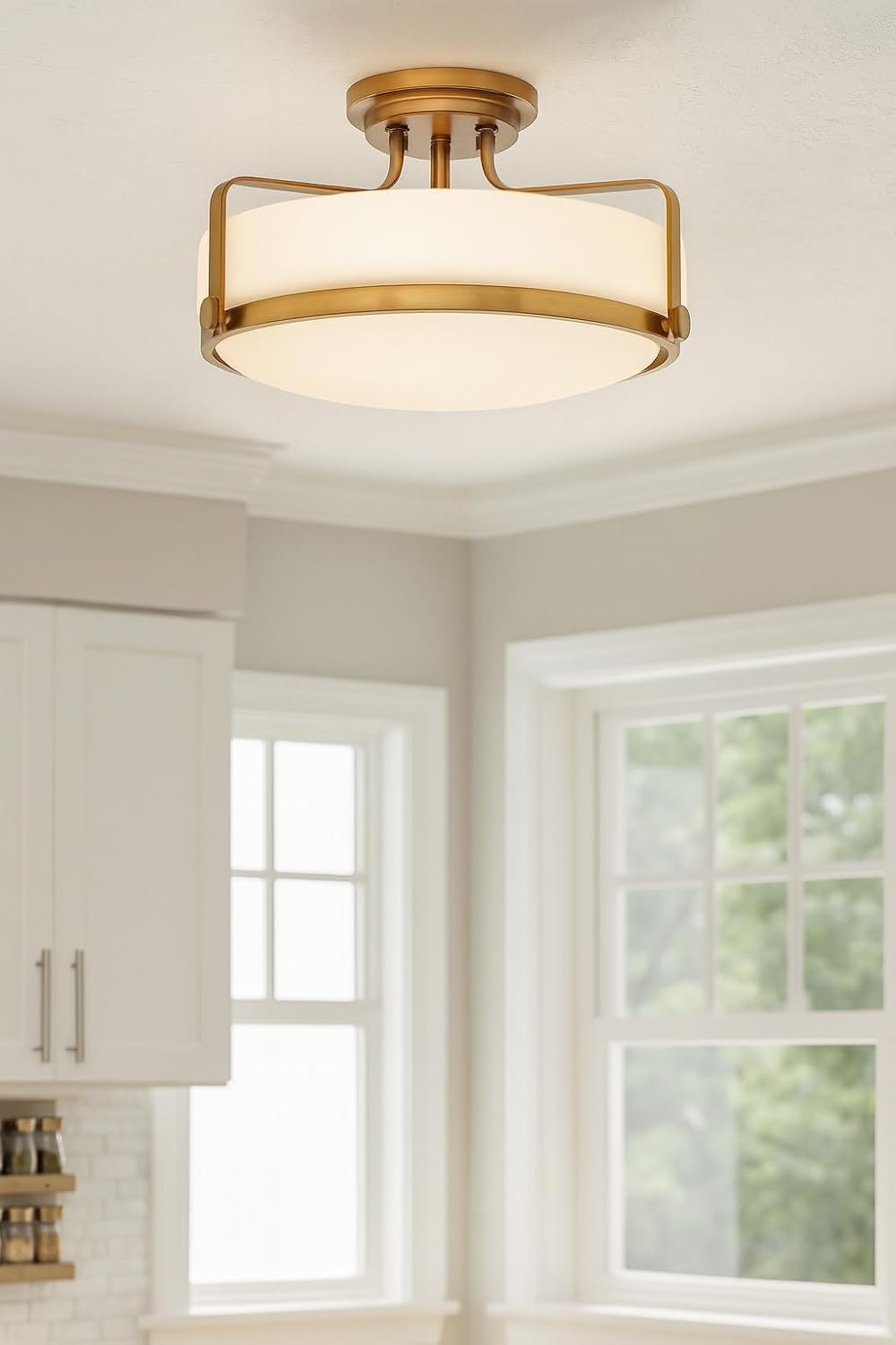 Hinkley Harper Medium Semi-Flush Mount Ceiling Light, Sleek, Retro Style, Etched Opal Glass, Heritage Brass Finish