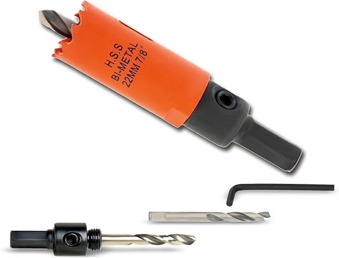 7/8 inch Hole Saw with Arbor for Cutting Metal Wood and Plastic, 22mm Bi-Metal Hole Cutter for Different Project with Smooth and Flat Drilling Edge, Fast Chip Removal, Handy Hole Saw Kit Set