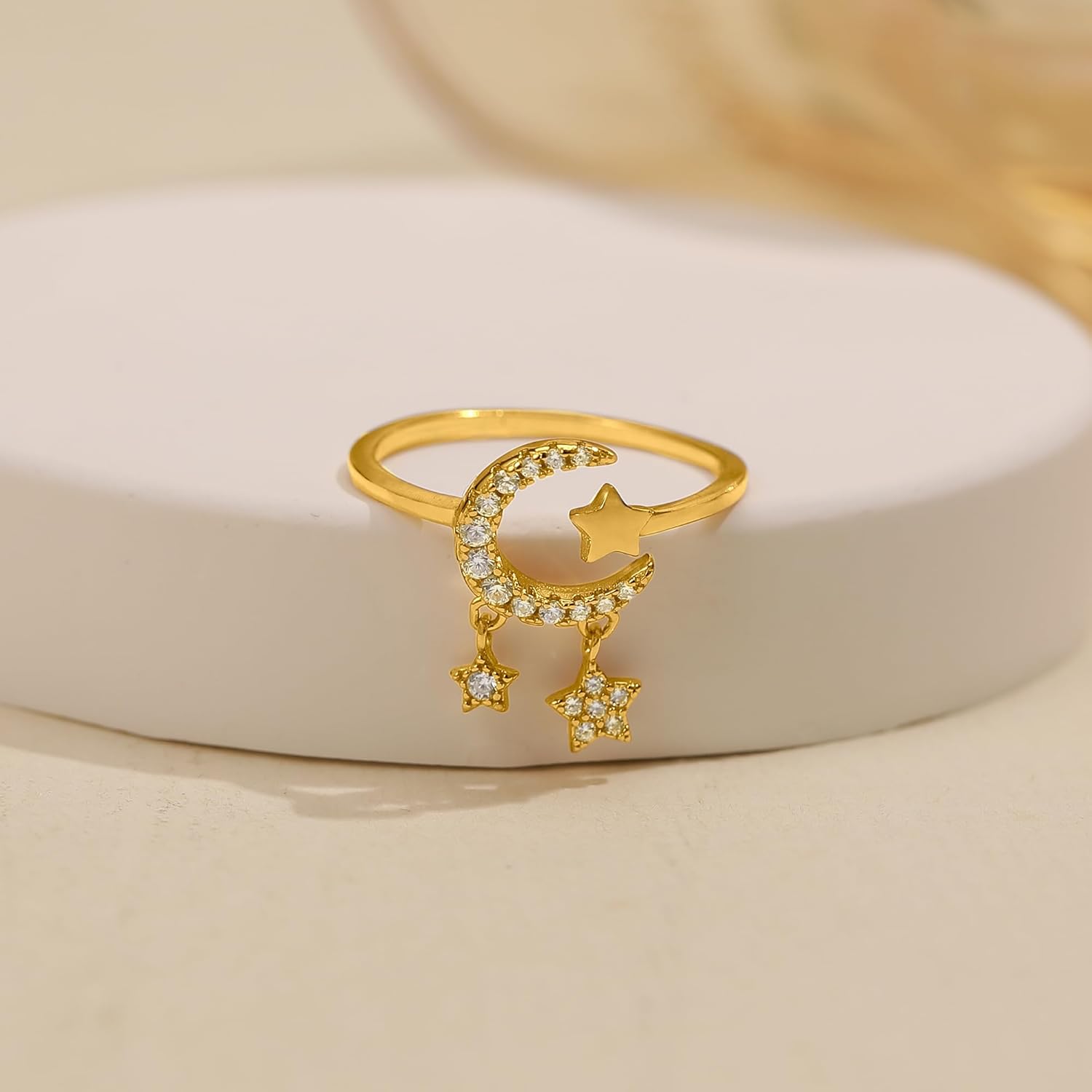 Star and Moon Rings for Women Dainty 925 Sterling Silver Crescent 14K Gold Plated Adjustable Star Statement Open Rings Finger Ring to Daughter Mom Halloween Mother’s Day Jewelry Gifts