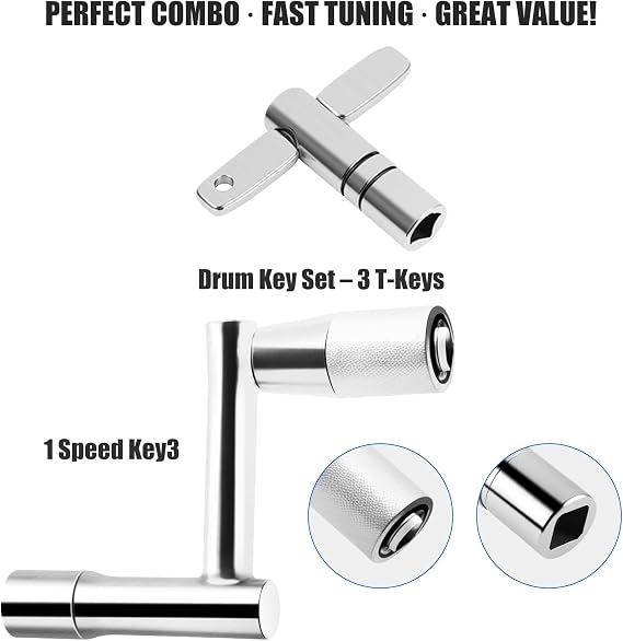 4-Pack Universal Drum Key Set - Stainless Steel Tuning Wrench Kit with Continuous Motion Speed Key - Fits All 1/4 Rods (Silver)
