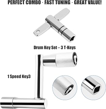 4-Pack Universal Drum Key Set - Stainless Steel Tuning Wrench Kit with Continuous Motion Speed Key - Fits All 1/4 Rods (Silver)