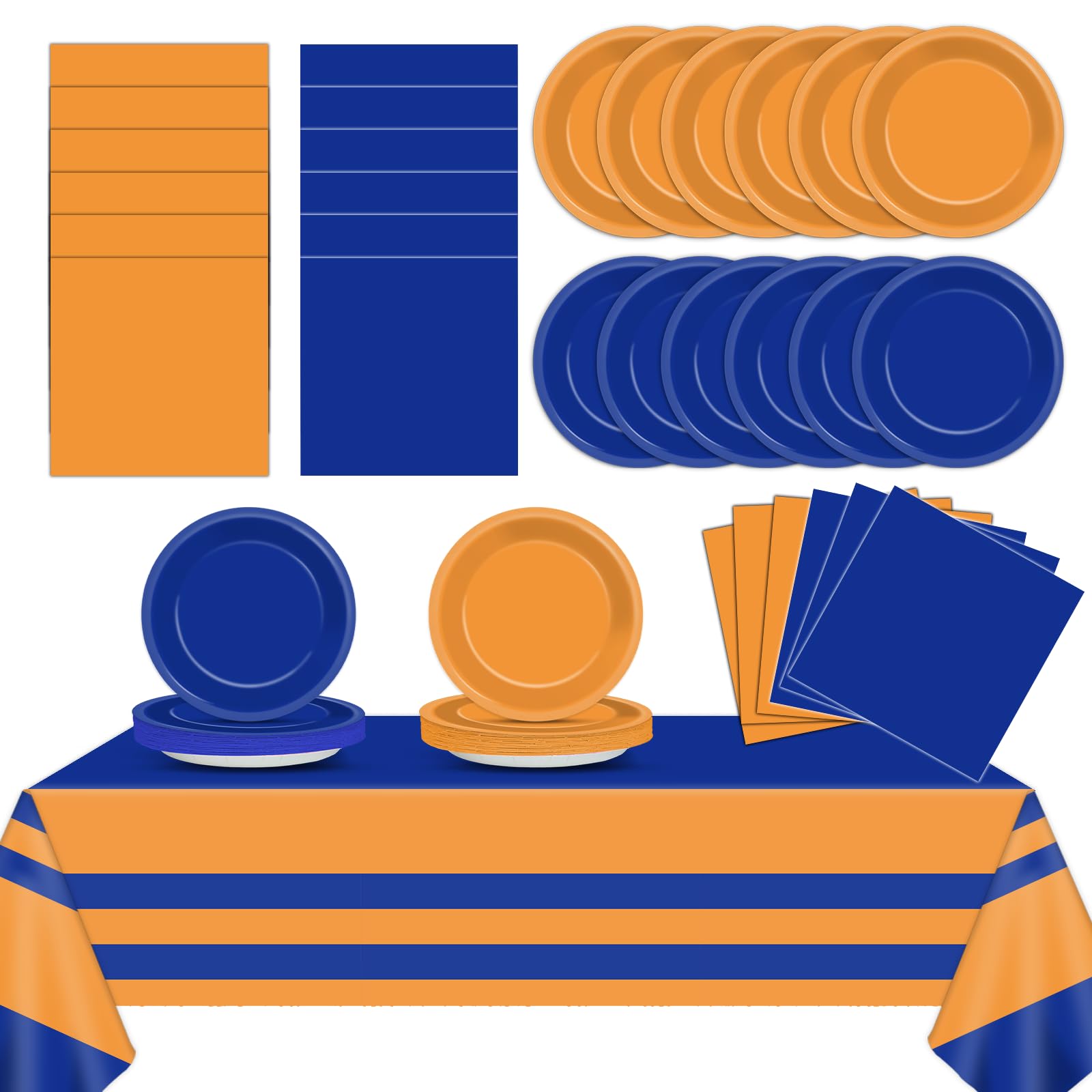 Blue and Orange Party Supplies Plates Napkins Tablecloth Set Serves 24