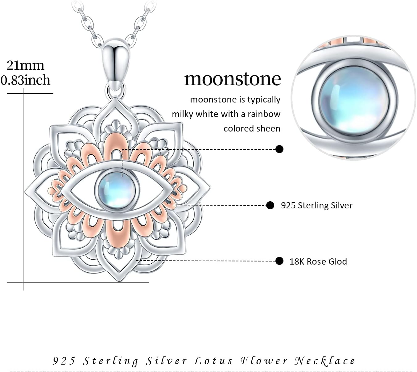 CUOKA MIRACLE Lotus Eye Necklace for Women Moonstone Evil Eye Lotus Protection Pendant 925 Sterling Silver Lotus Necklace Lotus Flower Charm Jewelry for Birthday Halloween for Women Men Teen