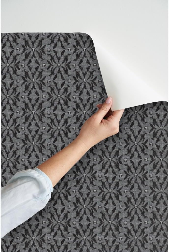 Peel & Stick Wallpaper 3ft x 2ft - Bat Damask Gray Vintage Gothic Bats Skull Halloween Custom Removable Wallpaper by Spoonflower