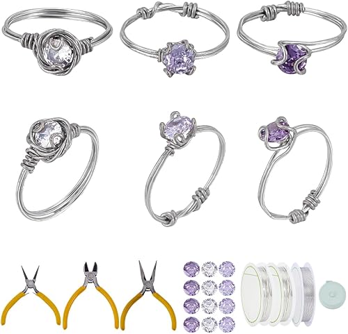 WEBEEDY Diamonds Wire Wrapped Ring Making Kit for Making 12 Sets Rings,Ring Kit with Silver Jewelry Wires,Diamonds,Pliers Tools for DIY Jewelry Making Valentine's Day Anniversary Handmade Gift