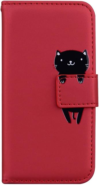 LUKASI for Samsung Galaxy A40 Case, Cartoon Pattern Folding Stand PU Leather Wallet Flip Cover with TPU Inner Shell, Card Slots, Magnetic Closure (Samsung Galaxy A40-Red+Cat)