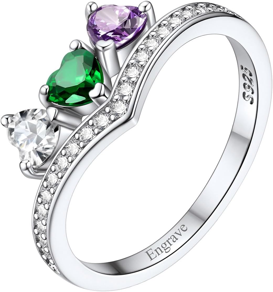 Personalized Birthstone Rings for Women 925 Sterling Silver Dainty Stackable Mothers Ring with 1-5 Birthstone Engraved Name Wedding Birthday Jewelry Gifts for Mom Wife Her (Gift Box)