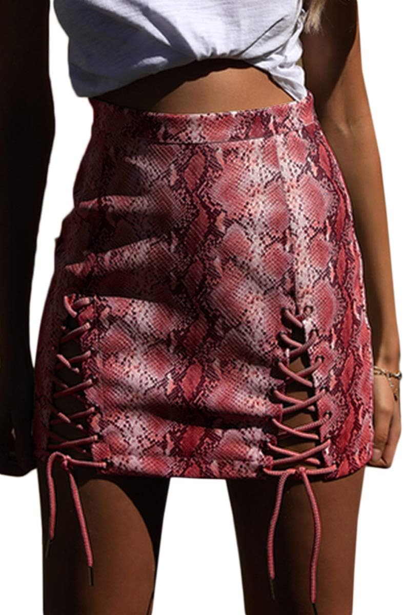 Women's Snake Print High Waist Lace Up Faux Leather Mini Skirts Red S