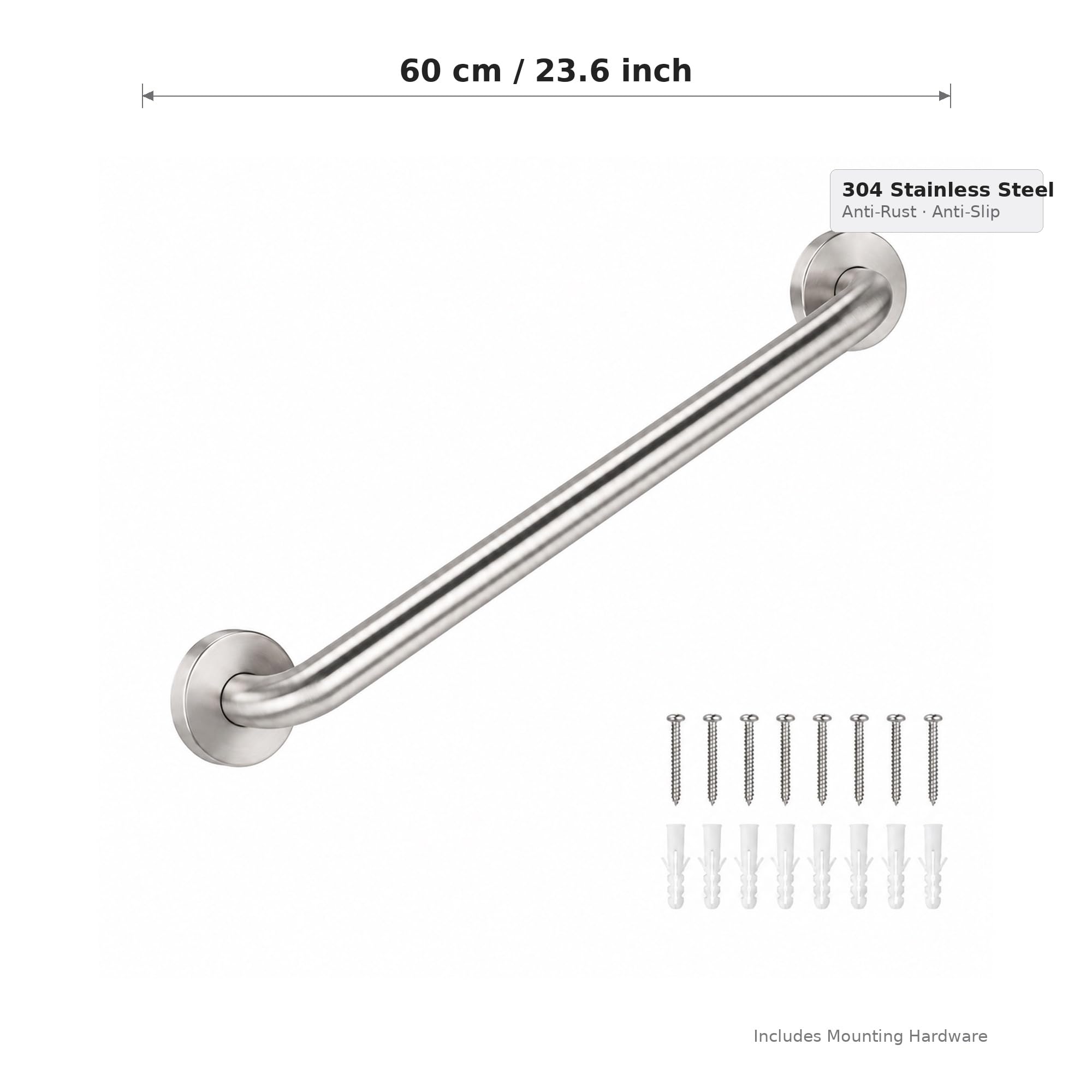 Haltegriff Dusche 60cm für Senioren, Edelstahl gebürstet Ø32mm Wandgriff | Badewannengriff aus SUS304 Edelstahl, Bis 200kg belastbar, sicherer Haltegriff für Badewanne, WC & Dusche