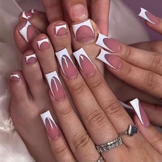 48 Pcs White French Press on Nails Medium Square & Press on Toenails Set - Summer Fake Nails Press ons Nail Art Tips Glossy Glue on Nails Full Cover Nude Fake Toe Nails with Design Acrylic Nail Kit