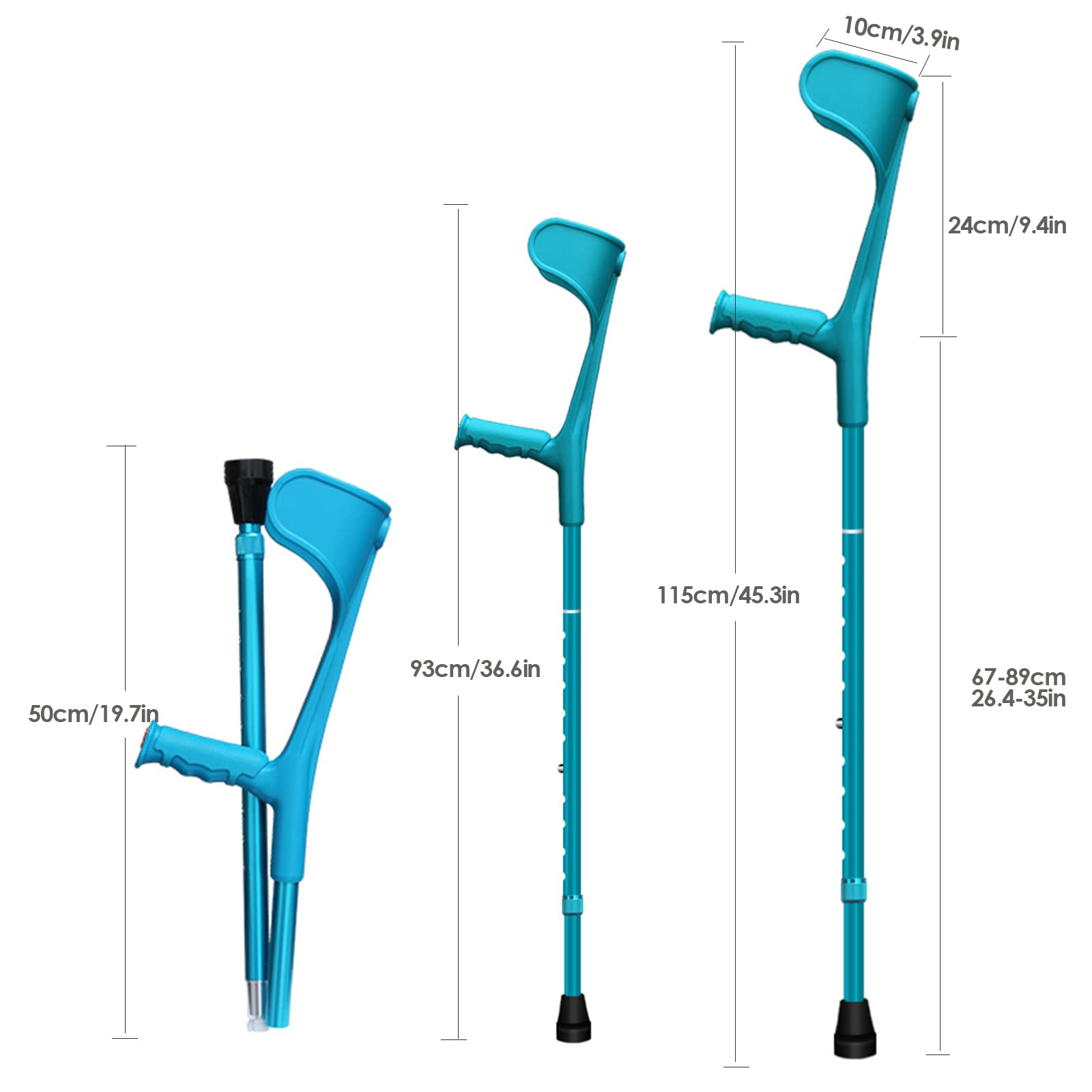 Muleta de antebrazo ajustable con soporte de brazo, asas ergonómicas, diseño plegable, punta de goma antideslizante, para adultos, 150-196 cm de altura