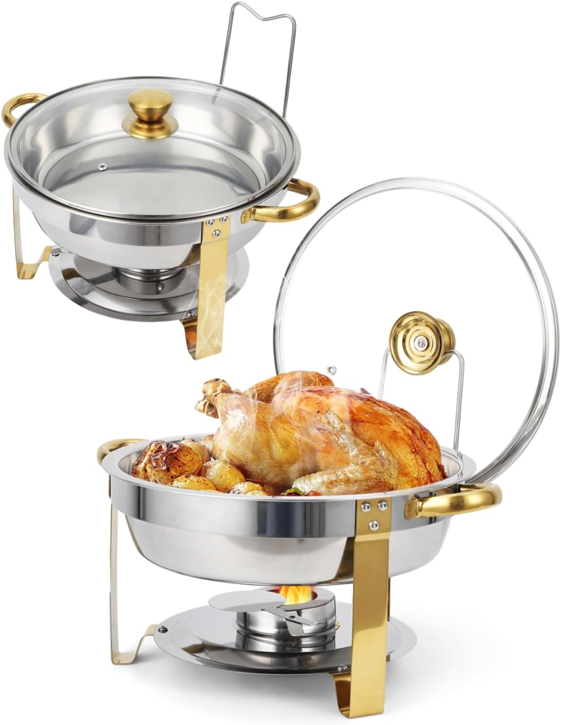 LinTimes Chafing Dish for Buffet Set of 2, 5QT Stainless Steel Round Chafing Dishes for Buffet with Visible Glass Lid and Holder, Buffet Servers and Warmers for Parties, Wedding, Catering, Gold