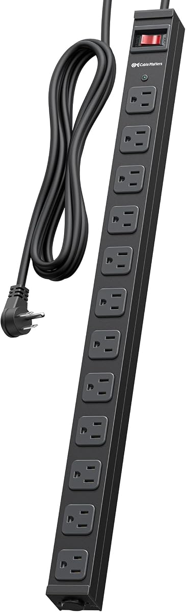 [ETL Certified] Cable Matters 12-Outlet Surge Protector Power Strip, 8ft | Wall-Mountable, Metal, 2100J, 15A Circuit Breaker, for Garage/Workshop, Black