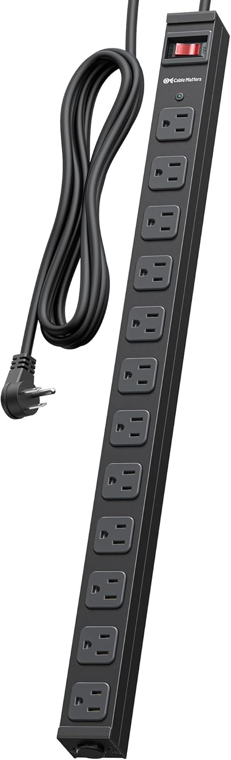[ETL Certified] Cable Matters Wall-Mountable 12 Outlet Power Strip - 8ft Cord, Metal, 2100J Surge Protector with 15A Circuit Breaker, Industrial Power Strip Surge Protector for Garage, Workshop, Black