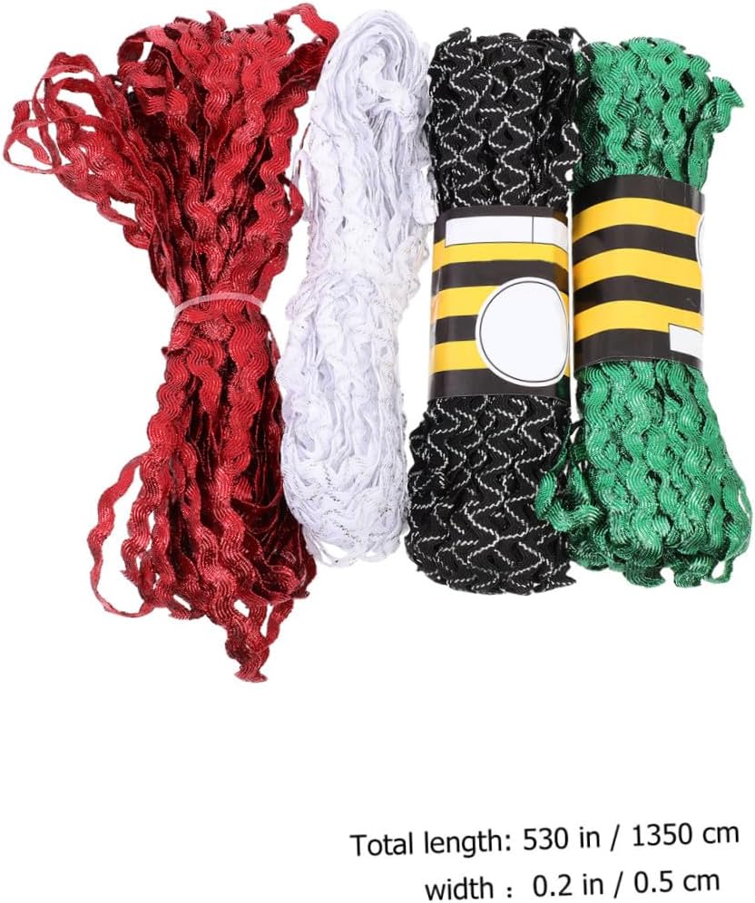 15 Yards 5mm Rickrack Ribbon Trim for Sewing and Flower Making Crafts, 4 Rolls Red Green White Black-White, Decorative Wavy Edge Ribbon for DIY Wrapping and Apparel Embellishment