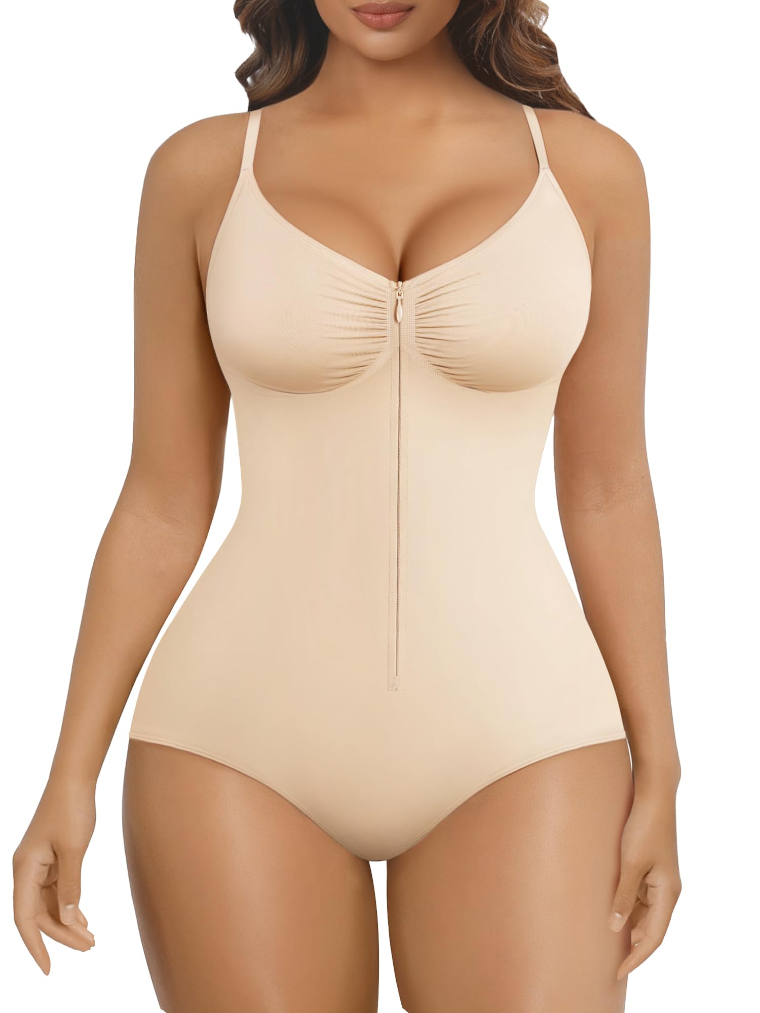 SHAPERX Shapewear Damen mit Reißverschluss Bauchweg Nahtlos Body Shaper mit Hakenverschluss Mid-Thigh Bodysuit Figurformend für Alltag & Anlass